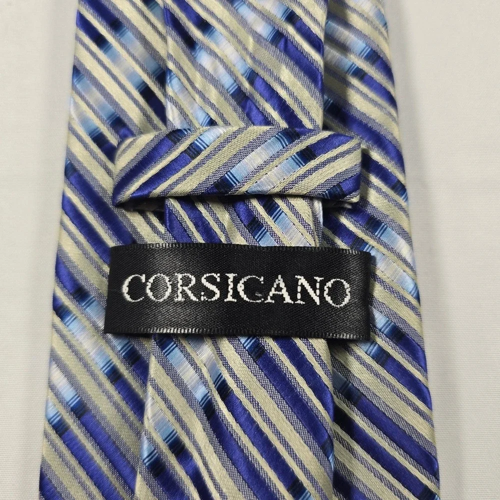 Corsicano Mens Blue Silver Striped Microfiber‎ Handmade Necktie Classic Tie